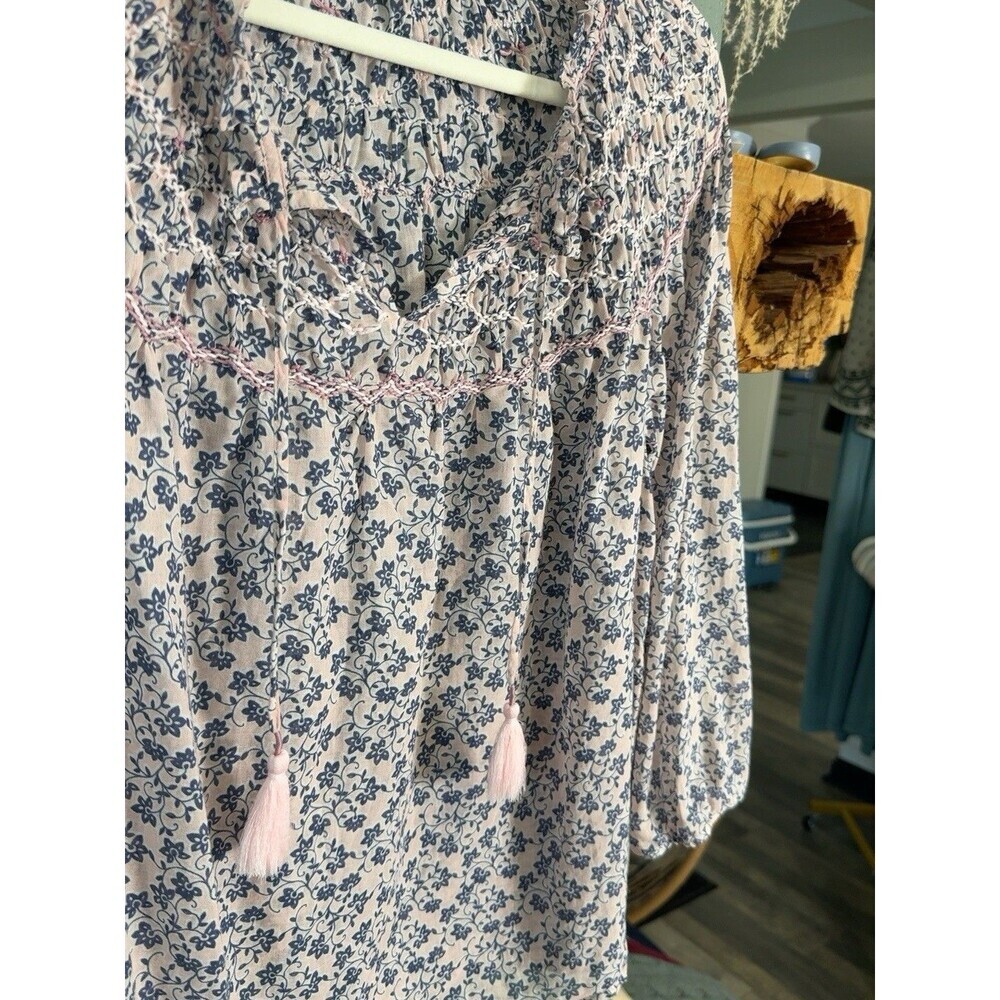 J.Jill Floral Blouse Ruffle Neck Boho Cottagecore Romantic Cotton Pink Navy M - Picture 4 of 10
